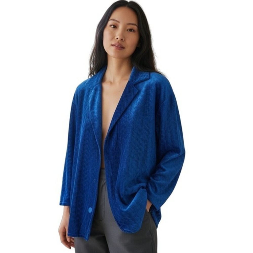 Lena Blue Textured Velvet Blazer Jacket M Button Front Soft Medium